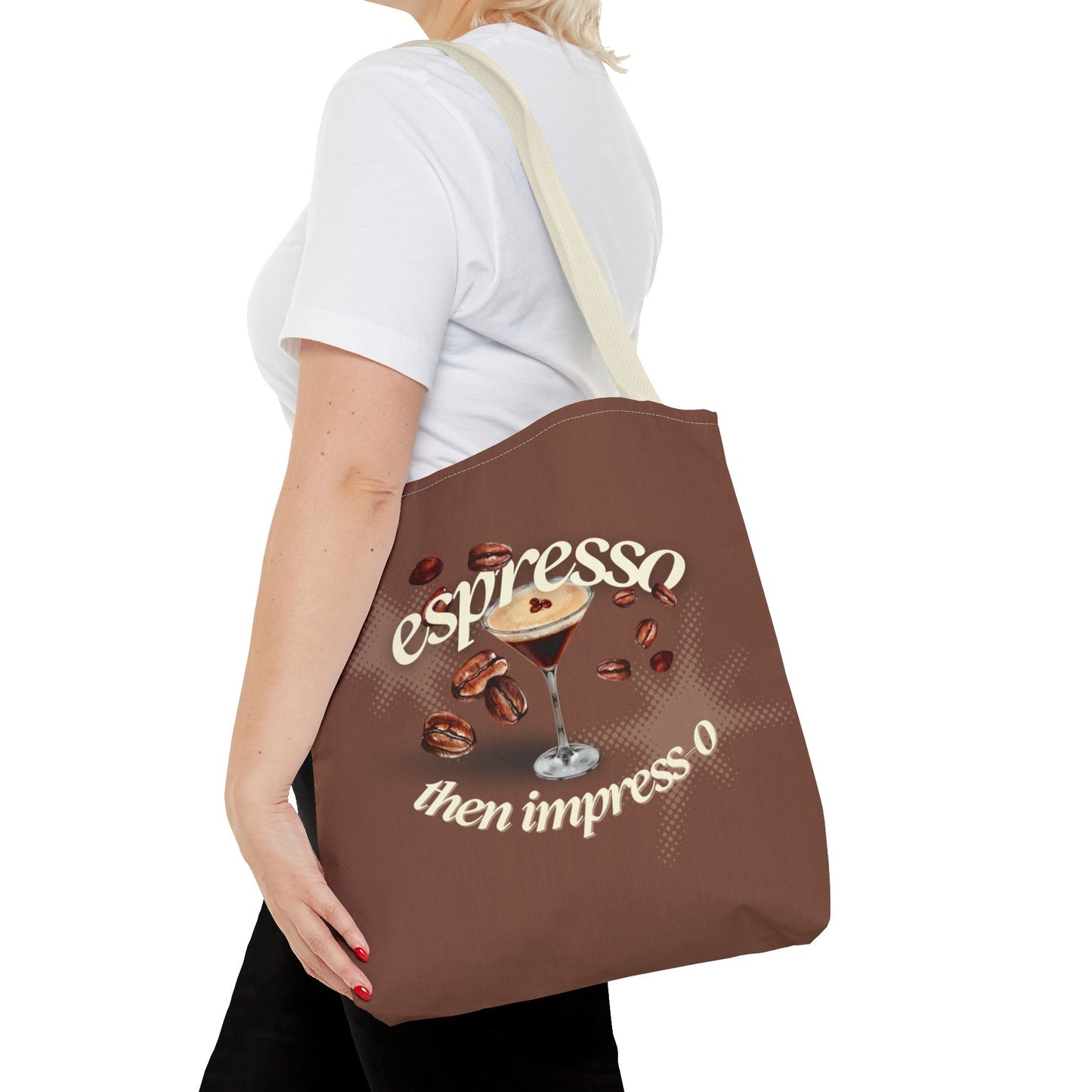 Espresso then Impress-o Tote Bag - Stylish AOP Bag for Coffee Enthusiasts, Bag for Workouts, Casual Outings, Gifts for Caffeine Addicts, Brown [...]